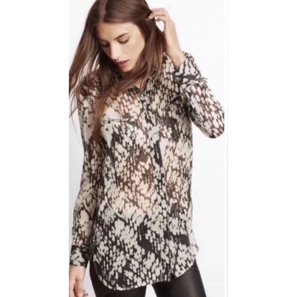 Vince Silk Snakeskin Print Band Collar Blouse Black Cream Grey Long Sleeve Sz 4